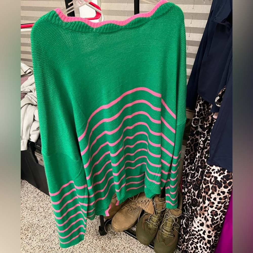 DAVI & DANI Green Cardigan with Pink Stripes - Picture 2 of 4